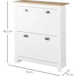 HOMCOM Armoire à Chaussures 2 Portes Abattantes 2 Compartiments Poignées Coquilles Métal MDF Blanc Chêne Clair - Blanc -France HOMCOM Soldes 2022 37769090 3