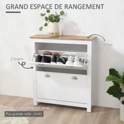 HOMCOM Armoire à Chaussures 2 Portes Abattantes 2 Compartiments Poignées Coquilles Métal MDF Blanc Chêne Clair - Blanc -France HOMCOM Soldes 2022 37769090 4