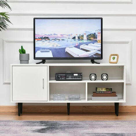 HOMCOM Meuble TV Banc TV Style Contemporain 1 Porte 1 étagère 2 Niches Passe-fils Métal Noir Panneaux Blanc 4 HOMCOM Meuble TV Banc TV Style Contemporain 1 Porte 1 étagère 2 Niches Passe-fils Métal Noir Panneaux Blanc – Image 2
