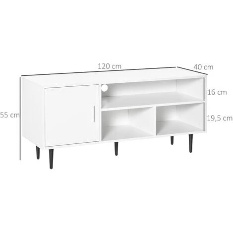 HOMCOM Meuble TV Banc TV Style Contemporain 1 Porte 1 étagère 2 Niches Passe-fils Métal Noir Panneaux Blanc 5 HOMCOM Meuble TV Banc TV Style Contemporain 1 Porte 1 étagère 2 Niches Passe-fils Métal Noir Panneaux Blanc – Image 3