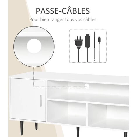 HOMCOM Meuble TV Banc TV Style Contemporain 1 Porte 1 étagère 2 Niches Passe-fils Métal Noir Panneaux Blanc 7 HOMCOM Meuble TV Banc TV Style Contemporain 1 Porte 1 étagère 2 Niches Passe-fils Métal Noir Panneaux Blanc – Image 5