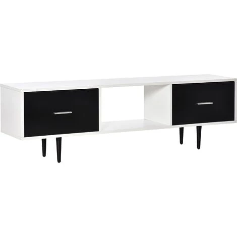 HOMCOM Meuble TV Banc TV Style Contemporain 1 Niche 2 Tiroirs Coulissants Métal Noir Panneaux Blanc Noir - Blanc 3 HOMCOM Meuble TV Banc TV Style Contemporain 1 Niche 2 Tiroirs Coulissants Métal Noir Panneaux Blanc Noir - Blanc