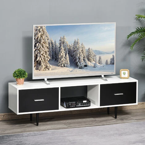 HOMCOM Meuble TV Banc TV Style Contemporain 1 Niche 2 Tiroirs Coulissants Métal Noir Panneaux Blanc Noir - Blanc 4 HOMCOM Meuble TV Banc TV Style Contemporain 1 Niche 2 Tiroirs Coulissants Métal Noir Panneaux Blanc Noir - Blanc – Image 2