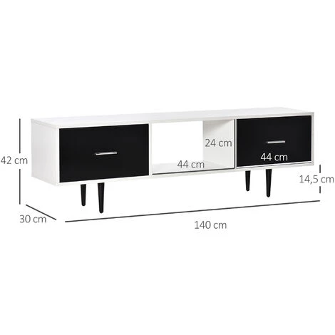 HOMCOM Meuble TV Banc TV Style Contemporain 1 Niche 2 Tiroirs Coulissants Métal Noir Panneaux Blanc Noir - Blanc 5 HOMCOM Meuble TV Banc TV Style Contemporain 1 Niche 2 Tiroirs Coulissants Métal Noir Panneaux Blanc Noir - Blanc – Image 3