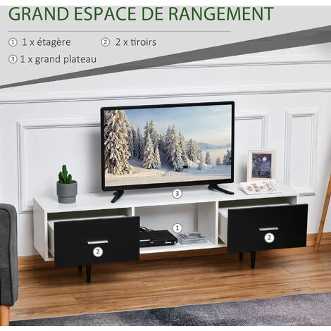 HOMCOM Meuble TV Banc TV Style Contemporain 1 Niche 2 Tiroirs Coulissants Métal Noir Panneaux Blanc Noir - Blanc 6 HOMCOM Meuble TV Banc TV Style Contemporain 1 Niche 2 Tiroirs Coulissants Métal Noir Panneaux Blanc Noir - Blanc – Image 4