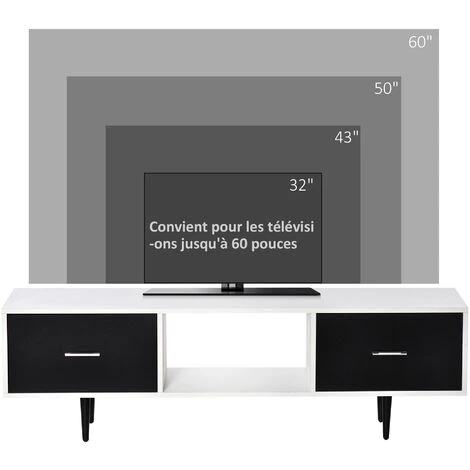 HOMCOM Meuble TV Banc TV Style Contemporain 1 Niche 2 Tiroirs Coulissants Métal Noir Panneaux Blanc Noir - Blanc 7 HOMCOM Meuble TV Banc TV Style Contemporain 1 Niche 2 Tiroirs Coulissants Métal Noir Panneaux Blanc Noir - Blanc – Image 5