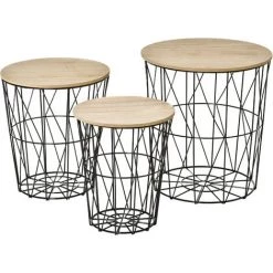 HOMCOM Lot De 3 Tables Basses Gigognes Tables D'appoint Rondes Encastrables Style Néo-rétro Bicolore Structure Métal Noir Plateau MDF Coloris Hêtre - Noir