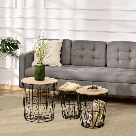 HOMCOM Lot De 3 Tables Basses Gigognes Tables D'appoint Rondes Encastrables Style Néo-rétro Bicolore Structure Métal Noir Plateau MDF Coloris Hêtre - Noir 4 HOMCOM Lot De 3 Tables Basses Gigognes Tables D'appoint Rondes Encastrables Style Néo-rétro Bicolore Structure Métal Noir Plateau MDF Coloris Hêtre - Noir â Image 2