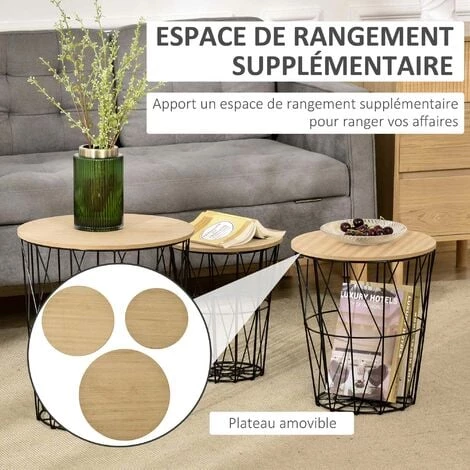 HOMCOM Lot De 3 Tables Basses Gigognes Tables D'appoint Rondes Encastrables Style Néo-rétro Bicolore Structure Métal Noir Plateau MDF Coloris Hêtre - Noir 6 HOMCOM Lot De 3 Tables Basses Gigognes Tables D'appoint Rondes Encastrables Style Néo-rétro Bicolore Structure Métal Noir Plateau MDF Coloris Hêtre - Noir â Image 4
