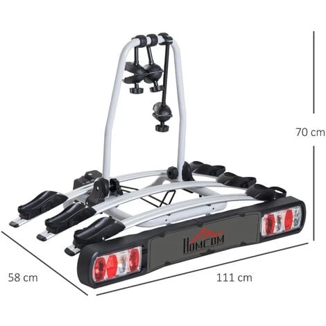 HOMCOM Porte-vélos D'attelage 3 Vélos -porte-vélos Sur Boule D'attelage Broches 3 Vélos - Sangles De Sécurité, Bloque-cadres Intégrés - Espace Plaque Immatriculation - Alu. Noir - Gris 4 HOMCOM Porte-vélos D'attelage 3 Vélos -porte-vélos Sur Boule D'attelage Broches 3 Vélos - Sangles De Sécurité, Bloque-cadres Intégrés - Espace Plaque Immatriculation - Alu. Noir - Gris – Image 3