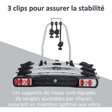 HOMCOM Porte-vélos D'attelage 3 Vélos -porte-vélos Sur Boule D'attelage Broches 3 Vélos - Sangles De Sécurité, Bloque-cadres Intégrés - Espace Plaque Immatriculation - Alu. Noir - Gris 6 HOMCOM Porte-vélos D'attelage 3 Vélos -porte-vélos Sur Boule D'attelage Broches 3 Vélos - Sangles De Sécurité, Bloque-cadres Intégrés - Espace Plaque Immatriculation - Alu. Noir - Gris – Image 5