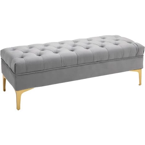 HOMCOM Banc Banquette Capitonnée Style Classique Chic Dim. 118L X 45l X 42H Cm Piètement Métal Doré Velours Gris Clair 3 HOMCOM Banc Banquette Capitonnée Style Classique Chic Dim. 118L X 45l X 42H Cm Piètement Métal Doré Velours Gris Clair