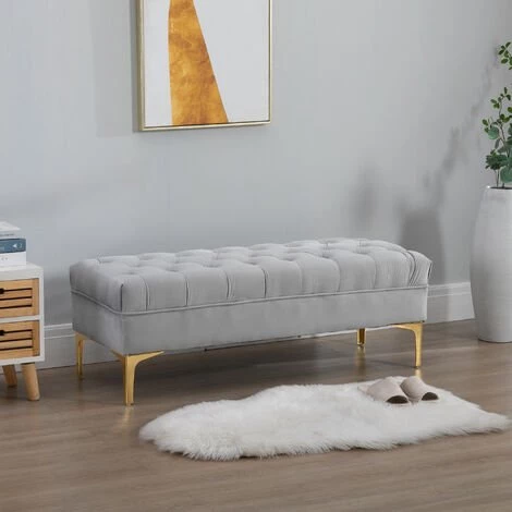 HOMCOM Banc Banquette Capitonnée Style Classique Chic Dim. 118L X 45l X 42H Cm Piètement Métal Doré Velours Gris Clair 4 HOMCOM Banc Banquette Capitonnée Style Classique Chic Dim. 118L X 45l X 42H Cm Piètement Métal Doré Velours Gris Clair – Image 2