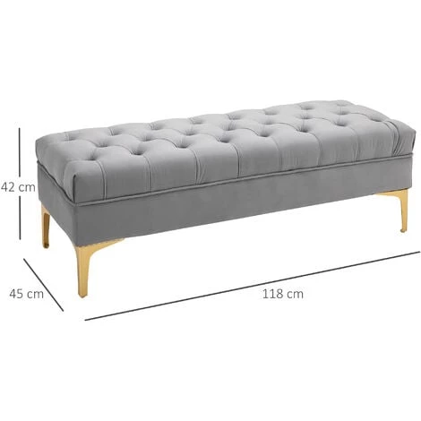 HOMCOM Banc Banquette Capitonnée Style Classique Chic Dim. 118L X 45l X 42H Cm Piètement Métal Doré Velours Gris Clair 5 HOMCOM Banc Banquette Capitonnée Style Classique Chic Dim. 118L X 45l X 42H Cm Piètement Métal Doré Velours Gris Clair – Image 3
