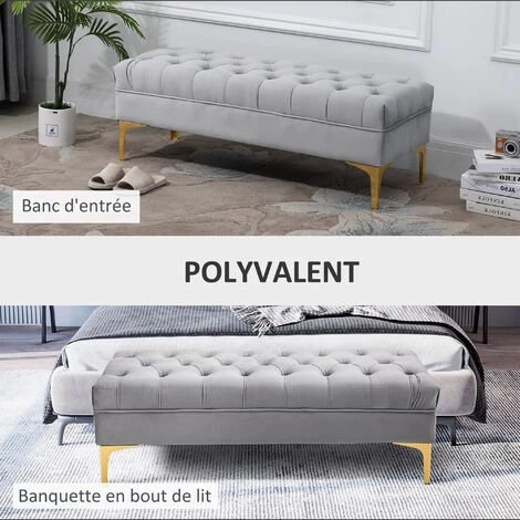 HOMCOM Banc Banquette Capitonnée Style Classique Chic Dim. 118L X 45l X 42H Cm Piètement Métal Doré Velours Gris Clair 7 HOMCOM Banc Banquette Capitonnée Style Classique Chic Dim. 118L X 45l X 42H Cm Piètement Métal Doré Velours Gris Clair – Image 5