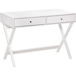 HOMCOM Bureau Informatique Multimédia Design Contemporain 2 Tiroirs Piètement Croisé MDF Blanc - Blanc