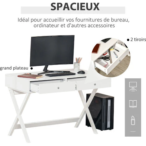 HOMCOM Bureau Informatique Multimédia Design Contemporain 2 Tiroirs Piètement Croisé MDF Blanc - Blanc 4 HOMCOM Bureau Informatique Multimédia Design Contemporain 2 Tiroirs Piètement Croisé MDF Blanc - Blanc – Image 2
