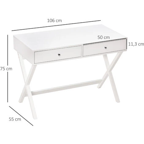 HOMCOM Bureau Informatique Multimédia Design Contemporain 2 Tiroirs Piètement Croisé MDF Blanc - Blanc 5 HOMCOM Bureau Informatique Multimédia Design Contemporain 2 Tiroirs Piètement Croisé MDF Blanc - Blanc – Image 3