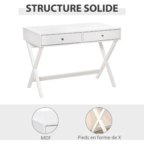 HOMCOM Bureau Informatique Multimédia Design Contemporain 2 Tiroirs Piètement Croisé MDF Blanc - Blanc 6 HOMCOM Bureau Informatique Multimédia Design Contemporain 2 Tiroirs Piètement Croisé MDF Blanc - Blanc – Image 4