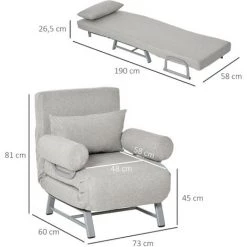 HOMCOM Fauteuil Chauffeuse Canapé-lit Convertible Inclinable 1 Place Grand Confort Coussin Lombaires Accoudoirs Piètement Métal Lin Gris Clair -France HOMCOM Soldes 2022 37865170 3