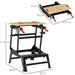 HOMCOM Établi-étau Pliable Dim. 68L X 60l X 21-78H Cm - Plan De Travail - Règle, Rapporteur, Porte-outils Intégré - Serrage Une Main - Structure Acier Mâchoires Bambou -France HOMCOM Soldes 2022 37865182 3