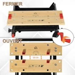 HOMCOM Établi-étau Pliable Dim. 68L X 60l X 21-78H Cm - Plan De Travail - Règle, Rapporteur, Porte-outils Intégré - Serrage Une Main - Structure Acier Mâchoires Bambou -France HOMCOM Soldes 2022 37865182 5