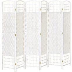 HOMCOM Paravent Intérieur 6 Panneaux Pliables Séparateur De Pièce Bois De Peuplier Bambou Fibres De Papier Tressée Blanc Paille - Blanc