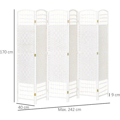 HOMCOM Paravent Intérieur 6 Panneaux Pliables Séparateur De Pièce Bois De Peuplier Bambou Fibres De Papier Tressée Blanc Paille - Blanc 5 HOMCOM Paravent Intérieur 6 Panneaux Pliables Séparateur De Pièce Bois De Peuplier Bambou Fibres De Papier Tressée Blanc Paille - Blanc – Image 3