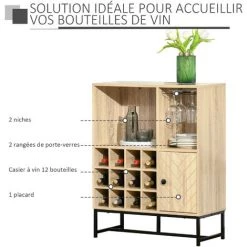 HOMCOM Meuble De Rangement Style Industriel Casier à Bouteilles Support Verres à Vin Niche Placard Motif Chevron Métal Noir Panneaux Aspect Chêne Clair -France HOMCOM Soldes 2022 37891423 4