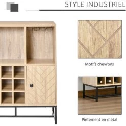 HOMCOM Meuble De Rangement Style Industriel Casier à Bouteilles Support Verres à Vin Niche Placard Motif Chevron Métal Noir Panneaux Aspect Chêne Clair -France HOMCOM Soldes 2022 37891423 5