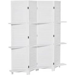 HOMCOM Paravent Intérieur 4 Panneaux 3 étagères Pliables Séparateur De Pièce Portes Persiennes Bois De Paulownia Blanc - Blanc