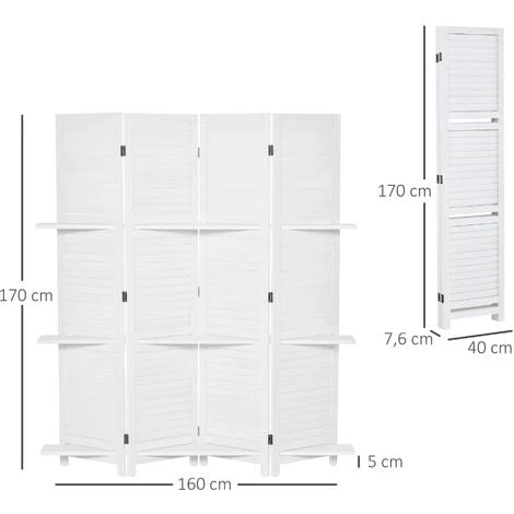 HOMCOM Paravent Intérieur 4 Panneaux 3 étagères Pliables Séparateur De Pièce Portes Persiennes Bois De Paulownia Blanc - Blanc 5 HOMCOM Paravent Intérieur 4 Panneaux 3 étagères Pliables Séparateur De Pièce Portes Persiennes Bois De Paulownia Blanc - Blanc – Image 3