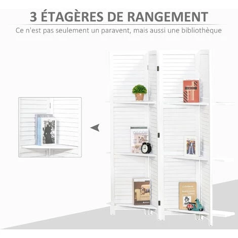 HOMCOM Paravent Intérieur 4 Panneaux 3 étagères Pliables Séparateur De Pièce Portes Persiennes Bois De Paulownia Blanc - Blanc 6 HOMCOM Paravent Intérieur 4 Panneaux 3 étagères Pliables Séparateur De Pièce Portes Persiennes Bois De Paulownia Blanc - Blanc – Image 4