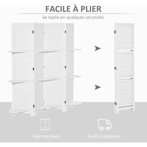 HOMCOM Paravent Intérieur 4 Panneaux 3 étagères Pliables Séparateur De Pièce Portes Persiennes Bois De Paulownia Blanc - Blanc 7 HOMCOM Paravent Intérieur 4 Panneaux 3 étagères Pliables Séparateur De Pièce Portes Persiennes Bois De Paulownia Blanc - Blanc – Image 5