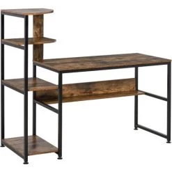HOMCOM Bureau Informatique Design Industriel Avec Bibliothèque 4 étagères Panneaux Particules Aspect Vieux Bois Métal Noir - Marron