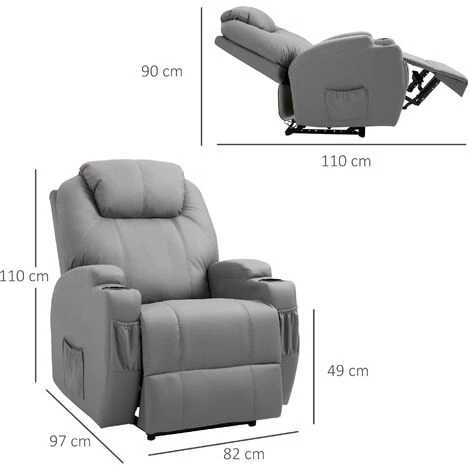 HOMCOM Fauteuil Luxe De Relaxation Et Massage Inclinaison Dossier Repose-pied électrique Revêtement Synthétique Gris - Gris 5 HOMCOM Fauteuil Luxe De Relaxation Et Massage Inclinaison Dossier Repose-pied électrique Revêtement Synthétique Gris - Gris – Image 3