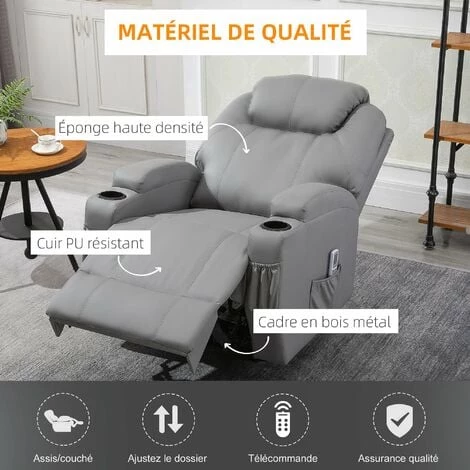HOMCOM Fauteuil Luxe De Relaxation Et Massage Inclinaison Dossier Repose-pied électrique Revêtement Synthétique Gris - Gris 7 HOMCOM Fauteuil Luxe De Relaxation Et Massage Inclinaison Dossier Repose-pied électrique Revêtement Synthétique Gris - Gris – Image 5
