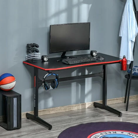 HOMCOM Bureau Gaming Racing Bureau Gamer Bureau Informatique Bracket Supports Casque Porte-gobelet Métal Plateau MDF Texture Carbone Rouge Noir - Rouge 4 HOMCOM Bureau Gaming Racing Bureau Gamer Bureau Informatique Bracket Supports Casque Porte-gobelet Métal Plateau MDF Texture Carbone Rouge Noir - Rouge – Image 2