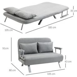 HOMCOM Canapé-lit Canapé Convertible 2 Places Déhoussable Grand Confort 2 Coussins Fournis Pieds Accoudoirs Métal Suède Gris Clair - Gris Clair -France HOMCOM Soldes 2022 38387215 3