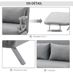HOMCOM Canapé-lit Canapé Convertible 2 Places Déhoussable Grand Confort 2 Coussins Fournis Pieds Accoudoirs Métal Suède Gris Clair - Gris Clair -France HOMCOM Soldes 2022 38387215 4