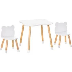 HOMCOM Ensemble Table Et Chaises Enfant Design Scandinave Motif Ourson Bois Pin MDF Blanc