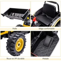 HOMCOM Tracteur électrique Enfant - Tractopelle Enfants 6V - V. Max. 2,5 Km/h - Effets Lumineux Sonores - Pelle Manuelle - Métal PP Noir Jaune -France HOMCOM Soldes 2022 38926816 5