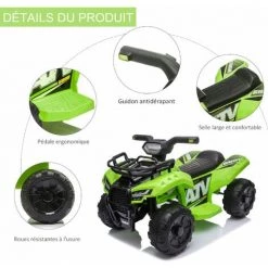 HOMCOM Buggy électrique Enfant Quad électrique Pour Enfant De 18 à 36 Mois Effet Lumineux 6 V 2 Km/h Max. Métal PP Vert -France HOMCOM Soldes 2022 38926833 5