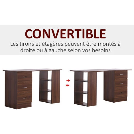HOMCOM Bureau Informatique Table Multi-fonctions 3 Tiroirs 2 étagères Dim. 120L X 49l X 72H Cm MDF Aspect Noyer - Marron 7 HOMCOM Bureau Informatique Table Multi-fonctions 3 Tiroirs 2 étagères Dim. 120L X 49l X 72H Cm MDF Aspect Noyer - Marron – Image 5
