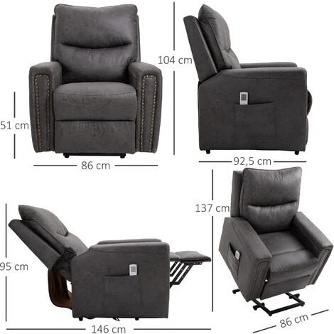 HOMCOM Fauteuil Releveur De Massage électrique Fauteuil De Relaxation Inclinable Avec Repose-pied Télécommande Revêtement Synthétique Tissu 86 X 92,5 X 104 Gris - Gris 5 HOMCOM Fauteuil Releveur De Massage électrique Fauteuil De Relaxation Inclinable Avec Repose-pied Télécommande Revêtement Synthétique Tissu 86 X 92,5 X 104 Gris - Gris – Image 3
