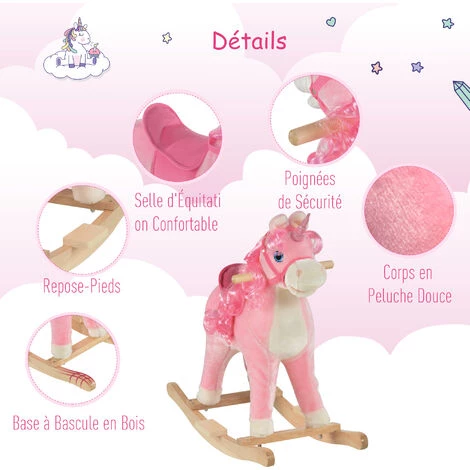 HOMCOM Cheval à Bascule Modèle Licorne Avec Sons Authentiques Selle Grand Confort Bois De Peuplier Rose Dim. L74 X L33 X 62H Cm 6 HOMCOM Cheval à Bascule Modèle Licorne Avec Sons Authentiques Selle Grand Confort Bois De Peuplier Rose Dim. L74 X L33 X 62H Cm – Image 4