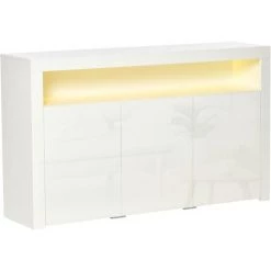 HOMCOM Buffet LED - Meuble De Rangement LED - 3 Placards Avec étagère Et Grande Niche - Panneaux Particules MDF Blanc Laqué - Blanc