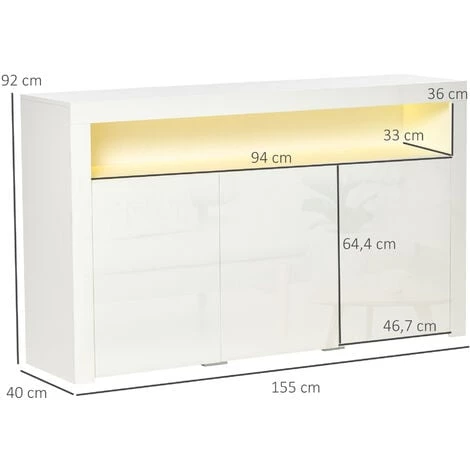 HOMCOM Buffet LED - Meuble De Rangement LED - 3 Placards Avec étagère Et Grande Niche - Panneaux Particules MDF Blanc Laqué - Blanc 5 HOMCOM Buffet LED - Meuble De Rangement LED - 3 Placards Avec étagère Et Grande Niche - Panneaux Particules MDF Blanc Laqué - Blanc â Image 3