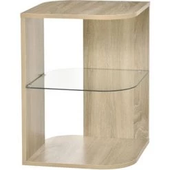 HOMCOM Guéridon Design Contemporain étagère Verre Trempé Aspect Chêne Clair