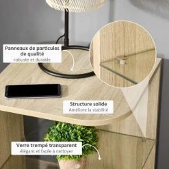 HOMCOM Guéridon Design Contemporain étagère Verre Trempé Aspect Chêne Clair -France HOMCOM Soldes 2022 39591882 5